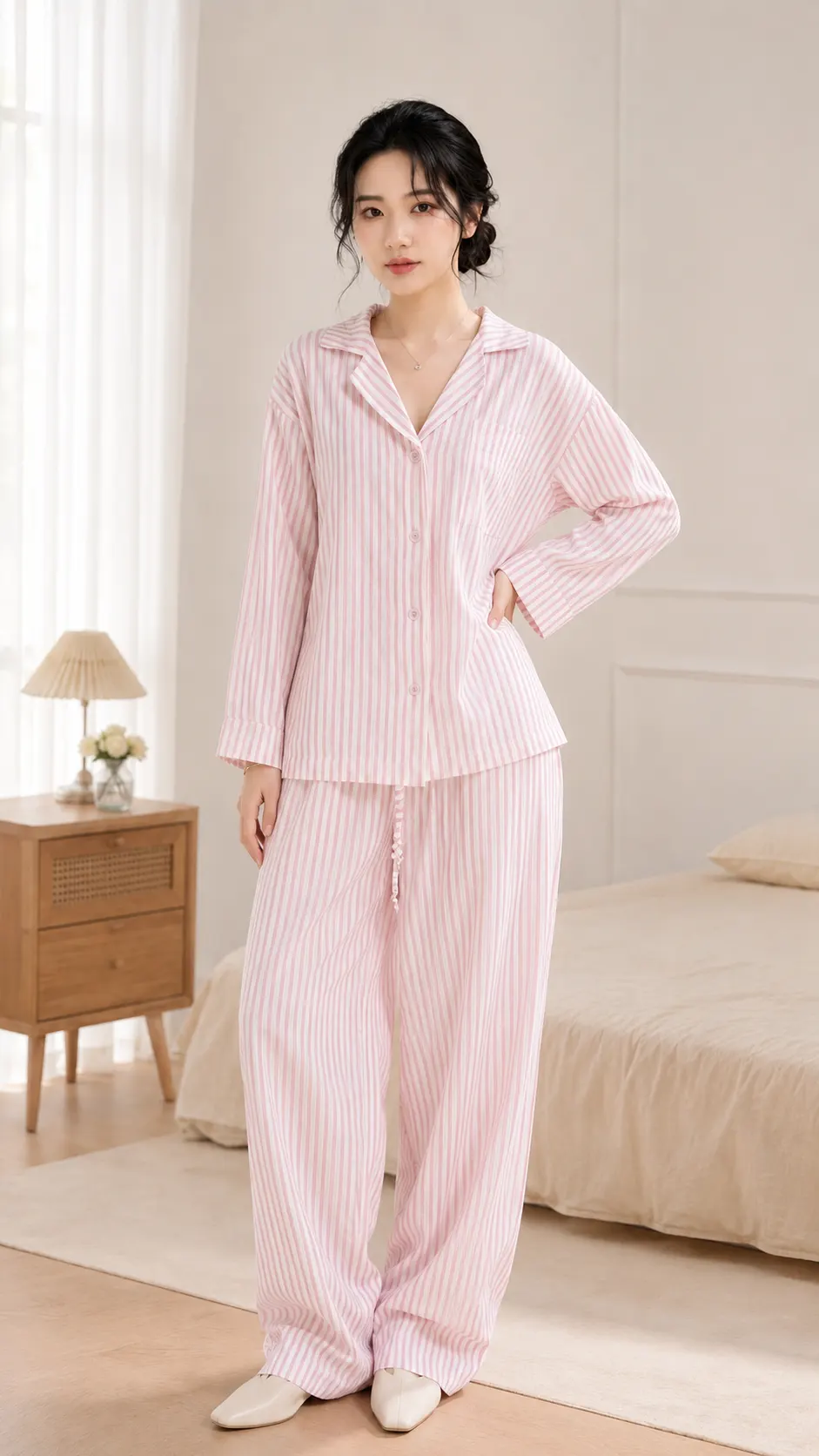 Bộ Ngủ Dài Cao Cấp Sọc Hồng Thêu Nổi TN1703