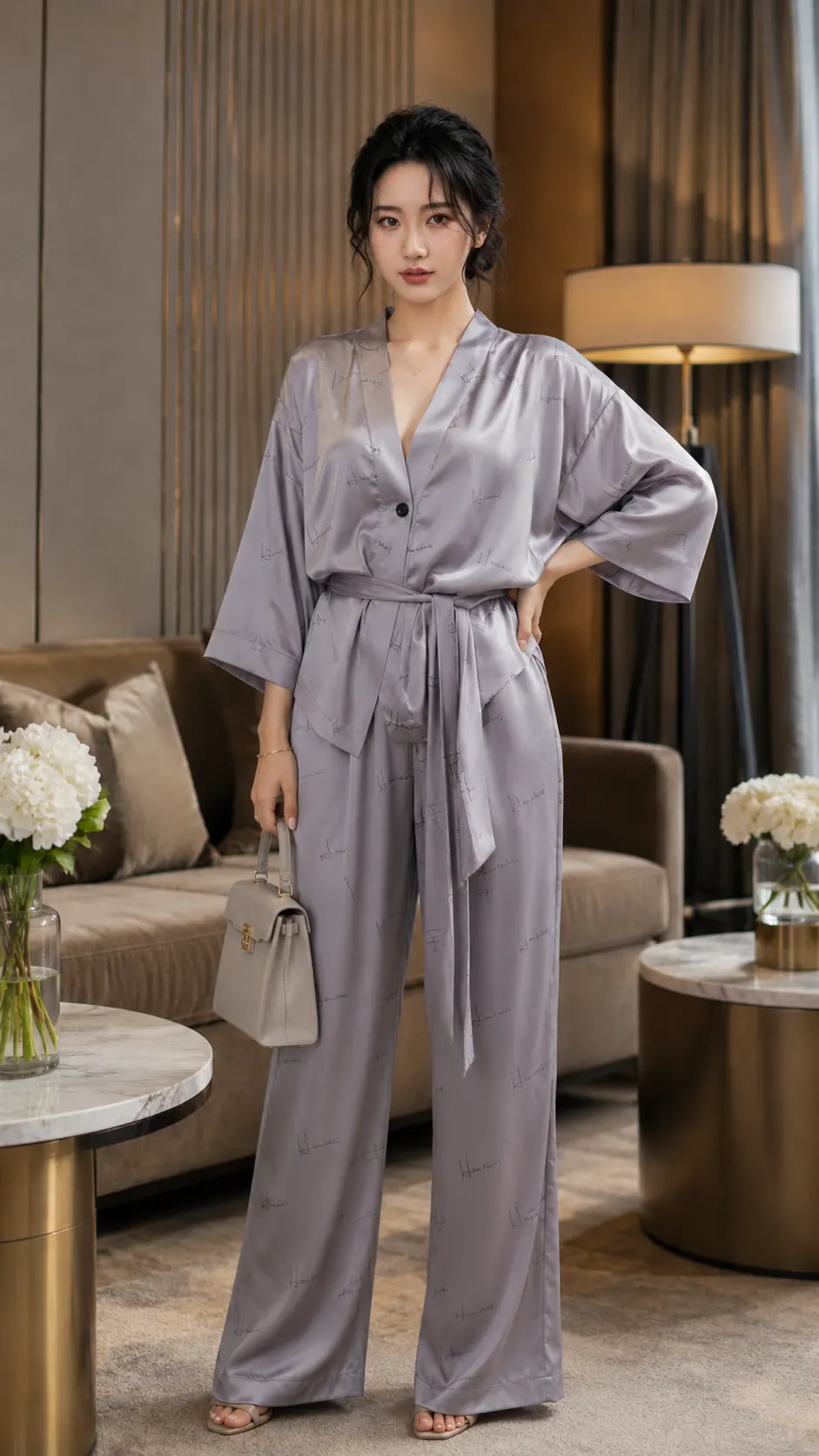 Bộ Pijama Cao Cấp Phong Cách Hiện Đại Gồm Quần Dài, Áo và Belt TN1711