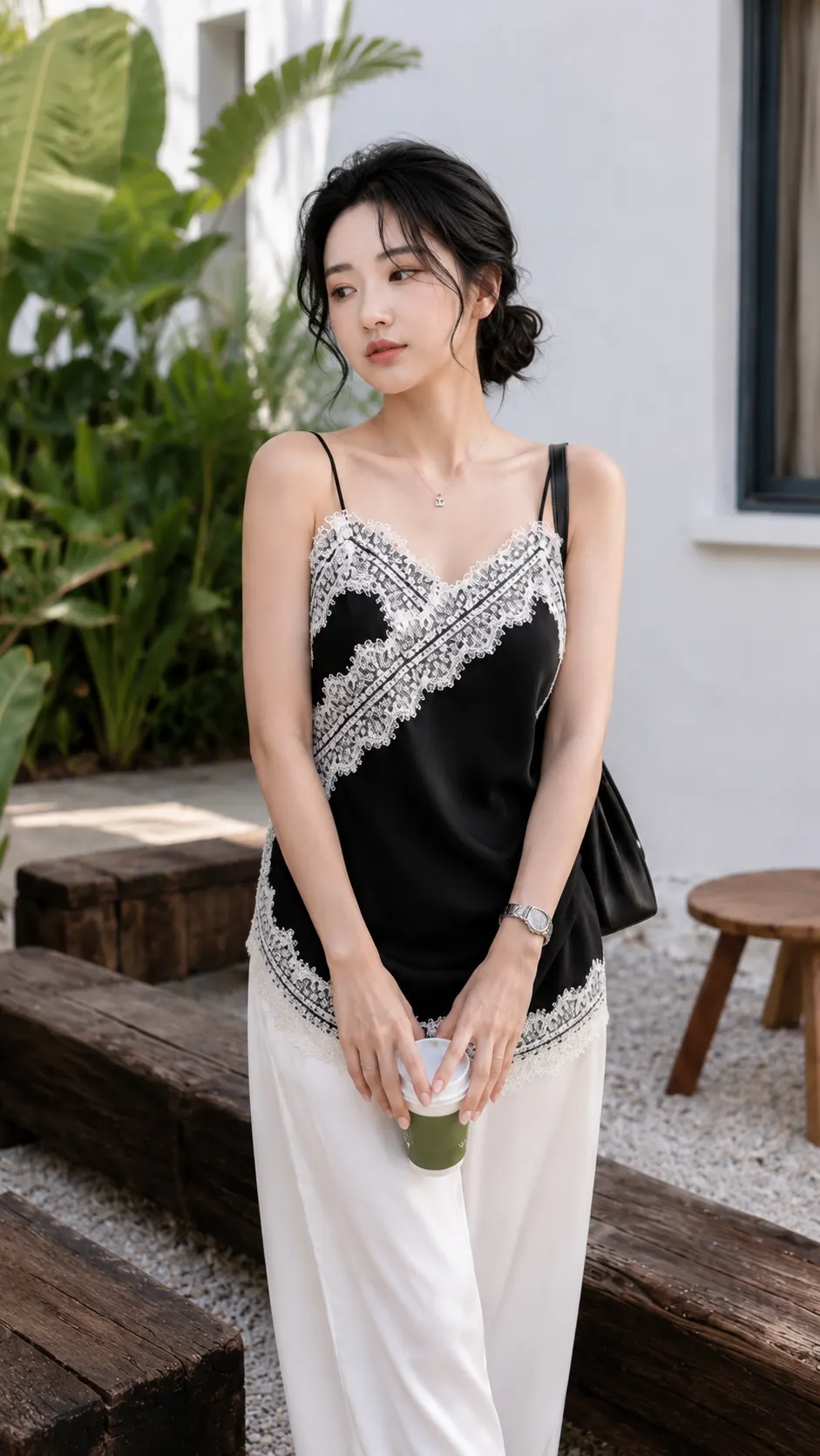 Set Lụa Gồm Áo 2 Dây Mix Ren Và Quần Alibaba TN1713