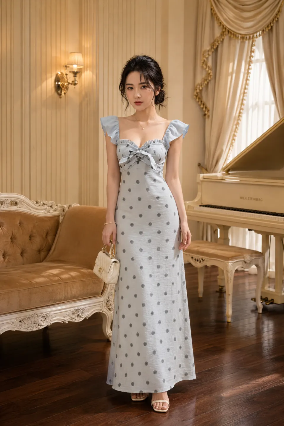 Đầm Maxi Tay Cánh Tiên Phối Bèo Nhún Có Cúp Ngực Chấm Bi Dáng Dài TN3330