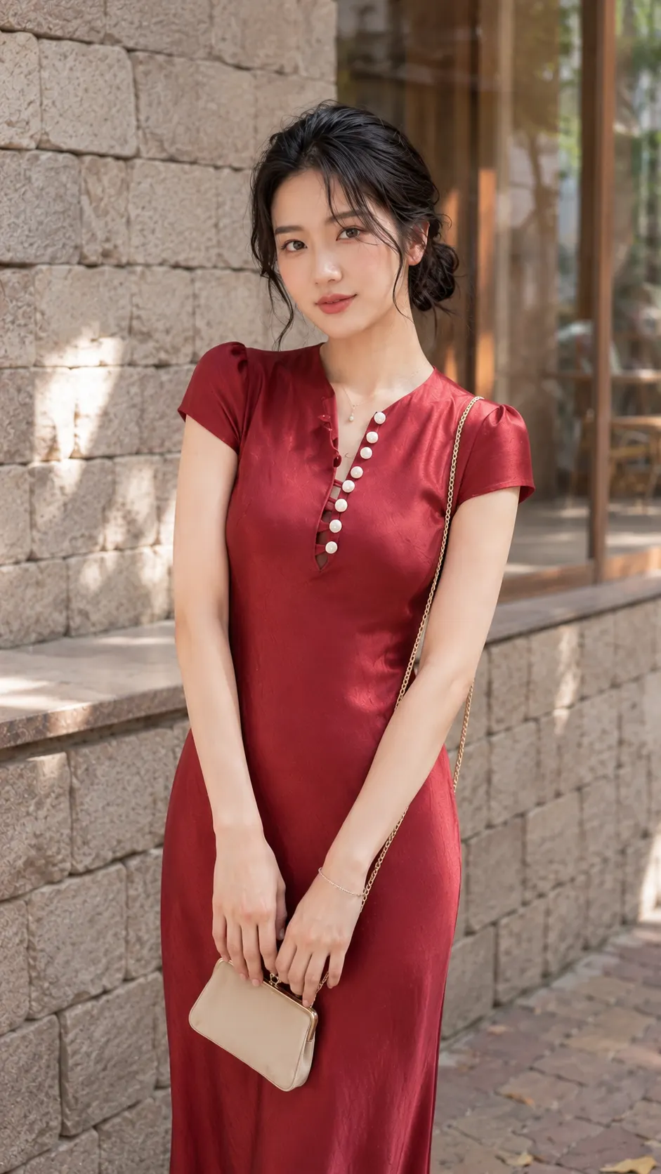 Đầm Lụa Dự Tiệc Phối Nút Ruby TN3085