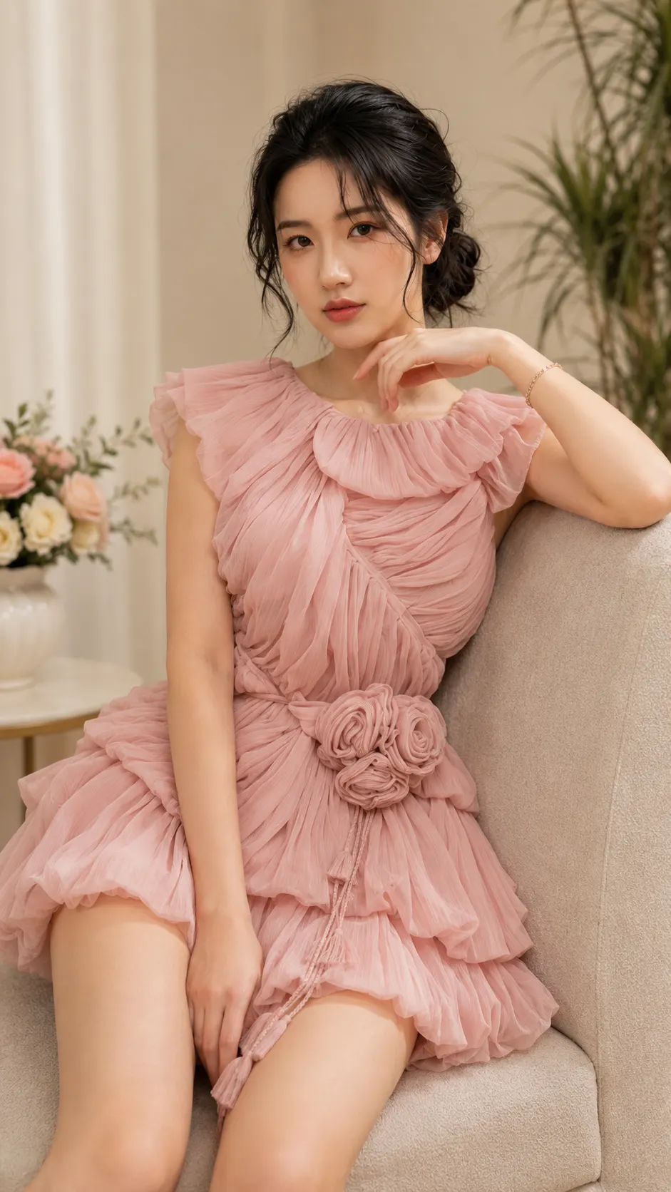 Đầm Nhún Thân Phồng Kèm Dây Hoa, Đầm Váy Tiểu Thư Phom Dáng Độc Đáo, Đầm Váy Đi TiệcTN1575