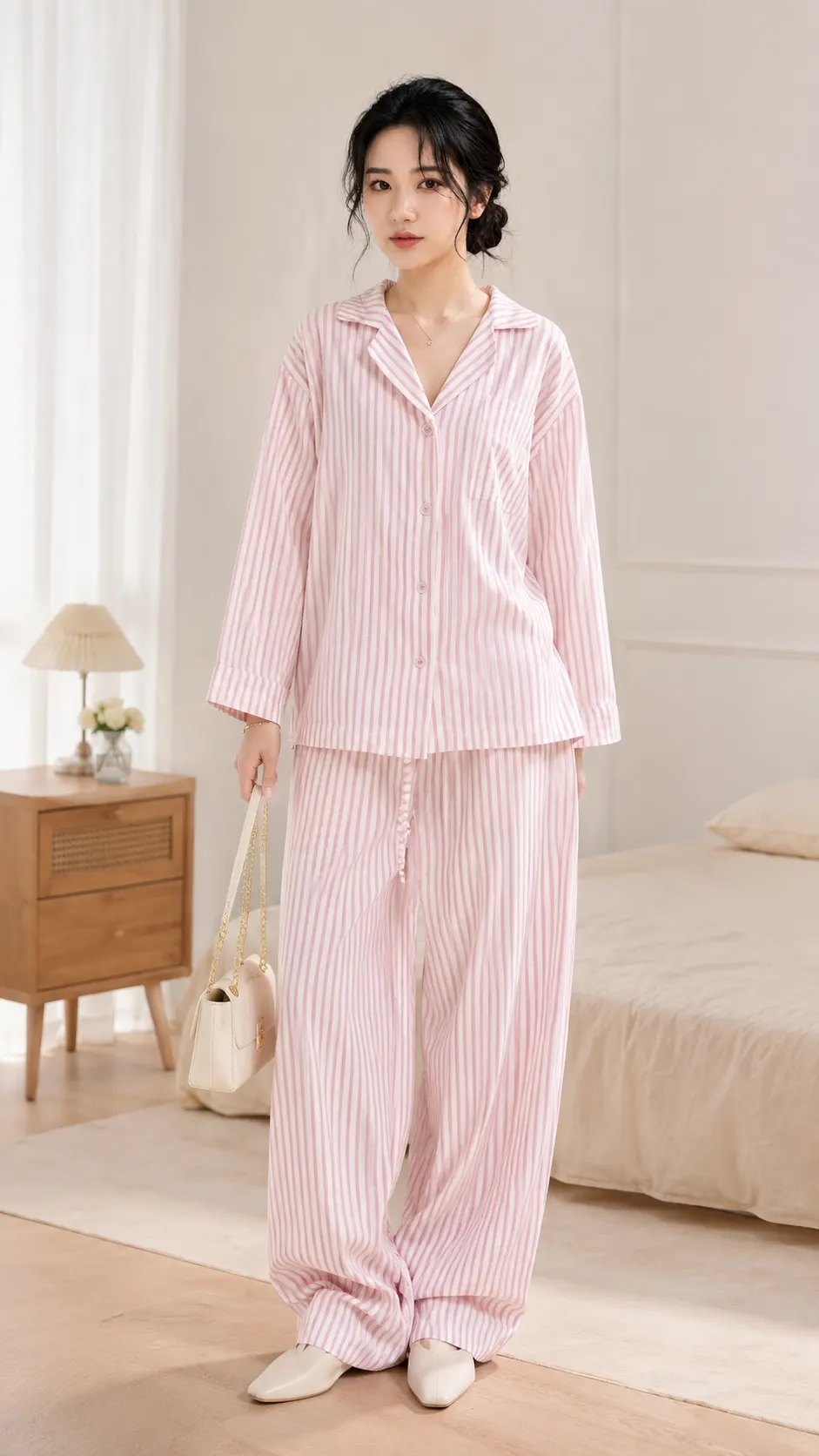 Bộ Ngủ Dài Cao Cấp Sọc Hồng Thêu Nổi TN1703