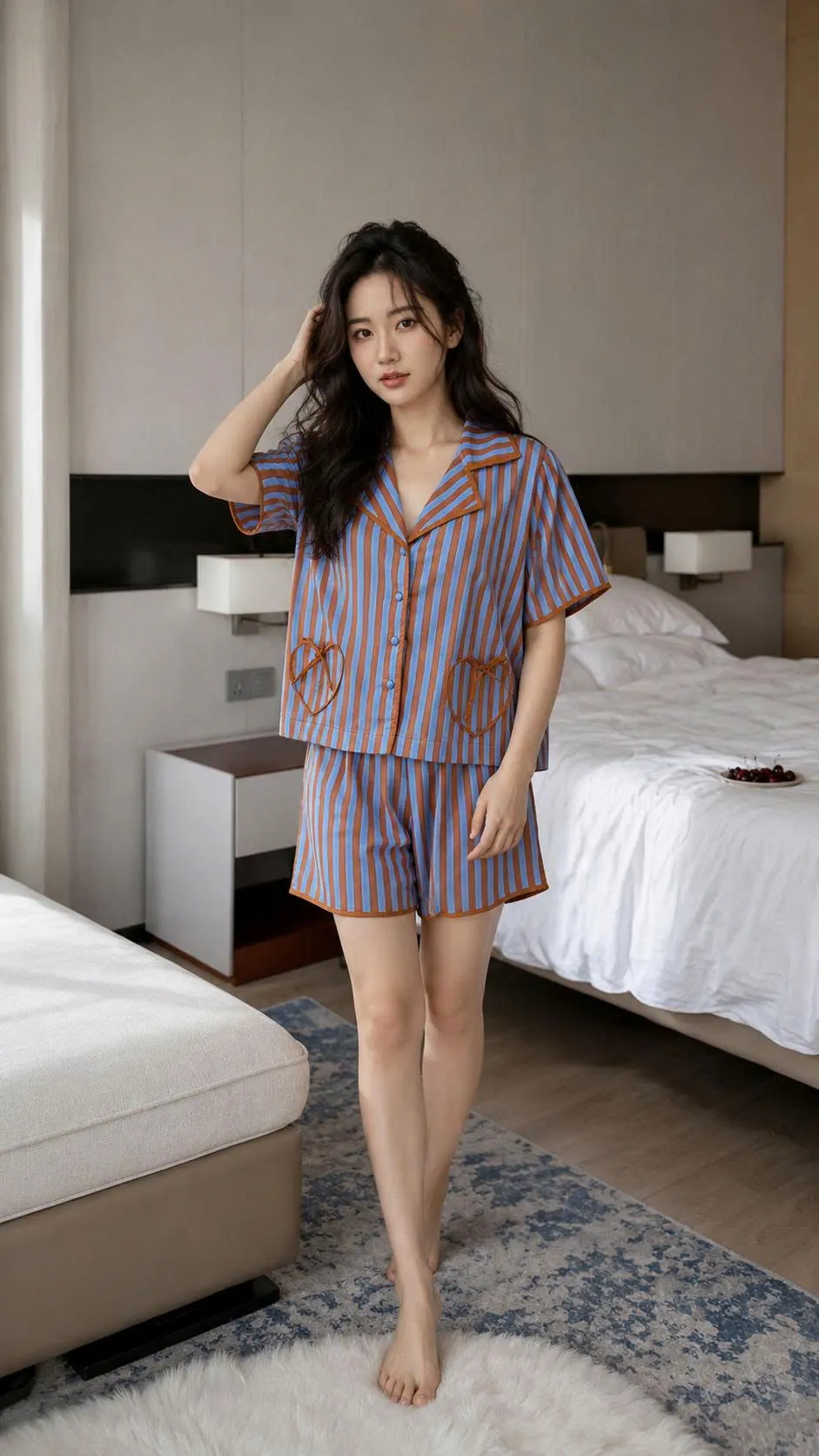 Set Sọc Ngắn Tay Mix Màu Nâu và Xanh Túi Trái Tim TN1704