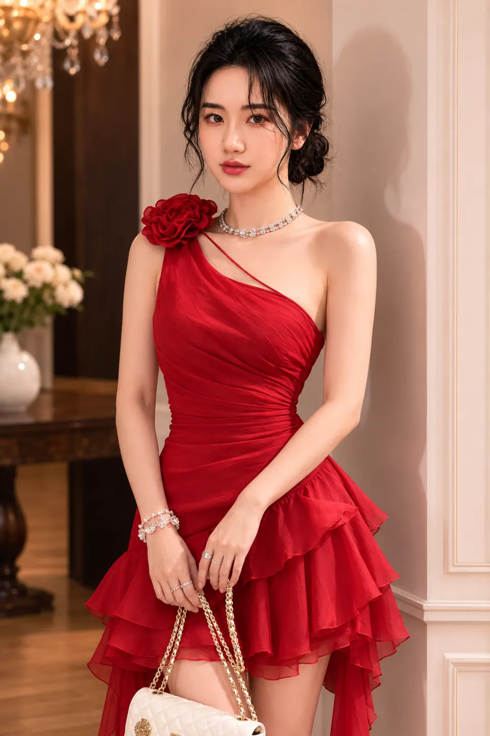 Đầm Lệch Vai Tua Rua Kèm Hoa Sang Chảnh TN1524