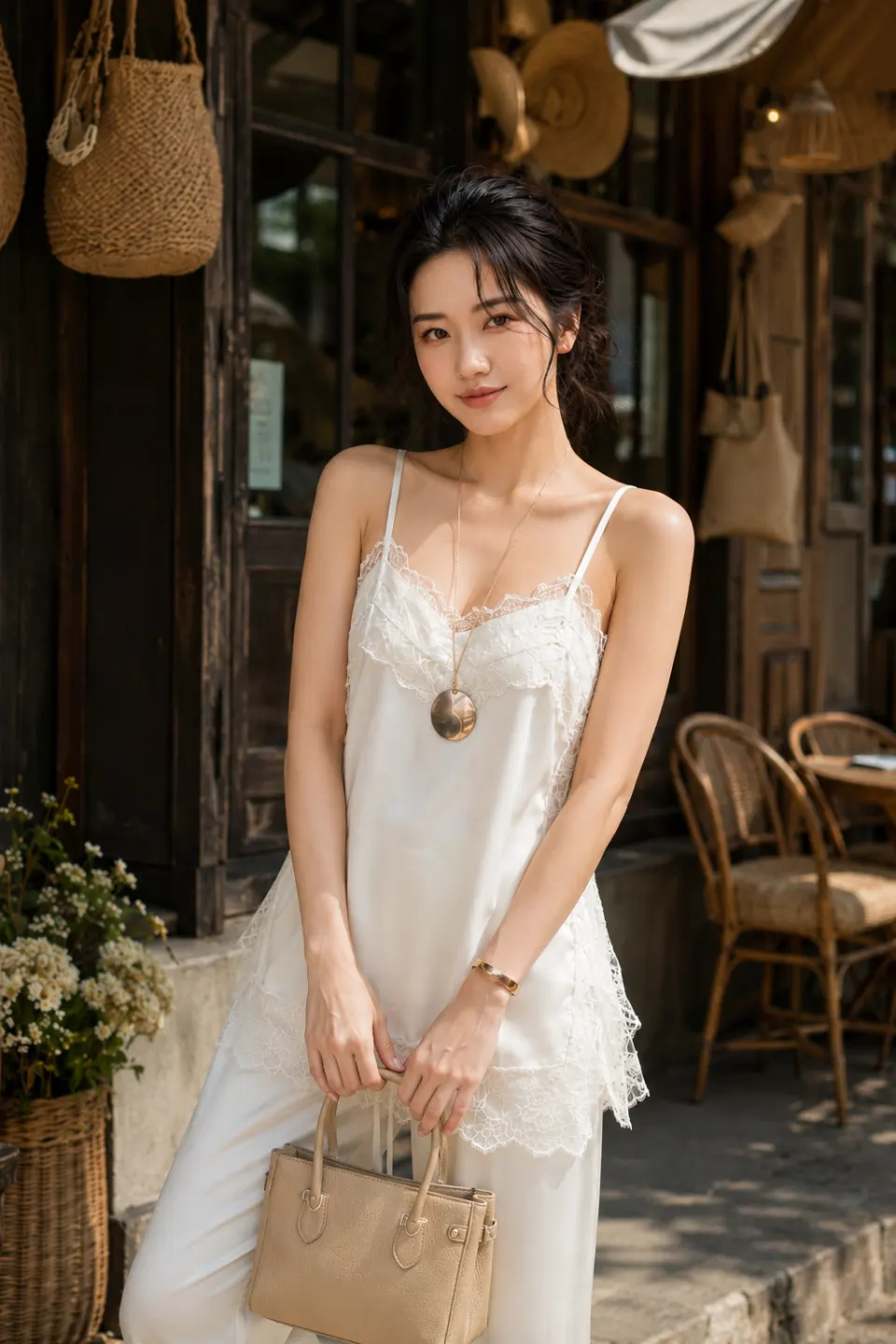 Set Lụa Sang Chảnh Gồm Áo Dây mix Ren + Quần Ống Rộng TN1712