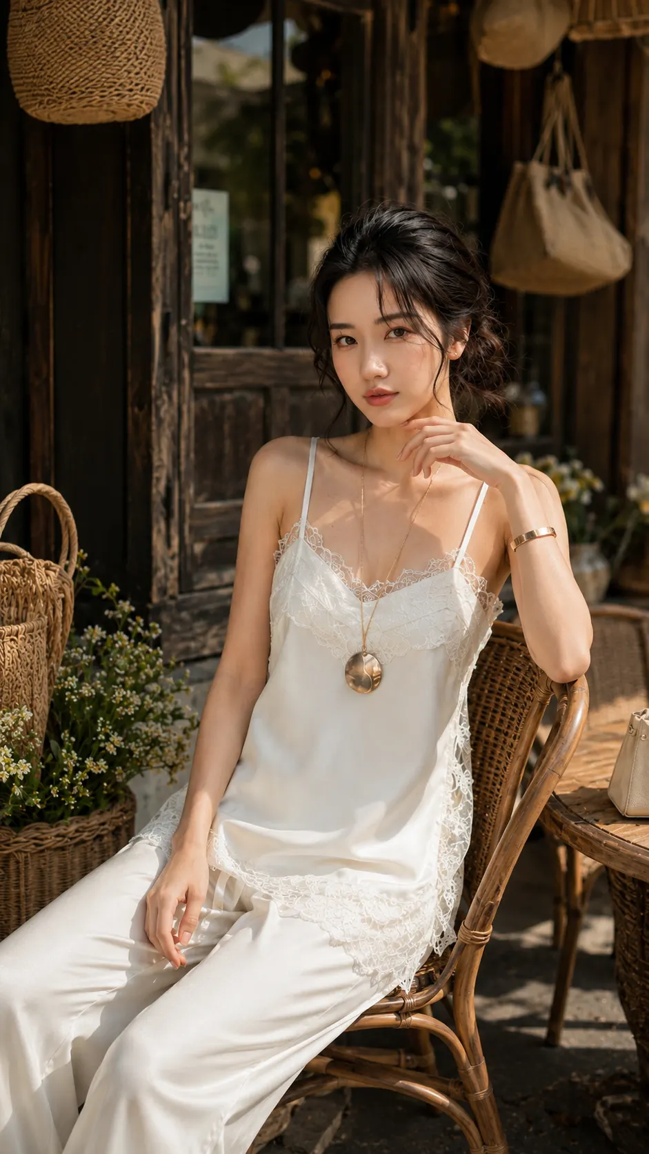 Set Lụa Sang Chảnh Gồm Áo Dây mix Ren + Quần Ống Rộng TN1712