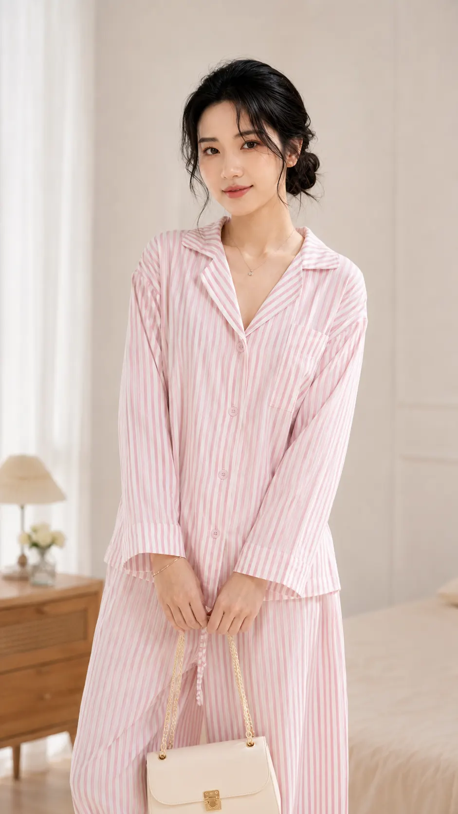 Bộ Ngủ Dài Cao Cấp Sọc Hồng Thêu Nổi TN1703