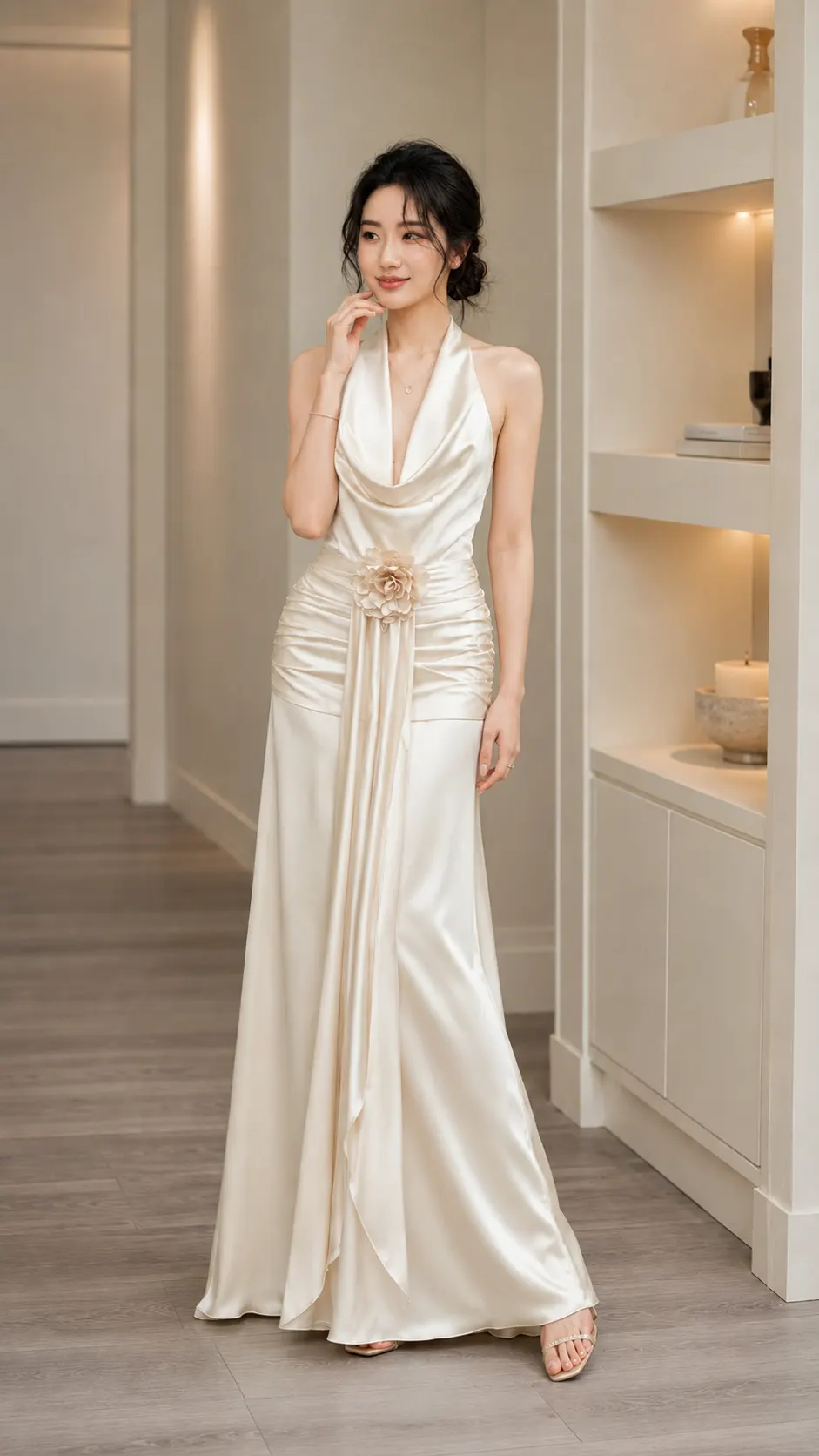Váy Lụa Nữ Cổ Đổ Nhún Hông Sang Trọng ,Đầm Lụa Nữ Cổ Yếm Nhún Eo Hoa Dự Tiệc TN3084
