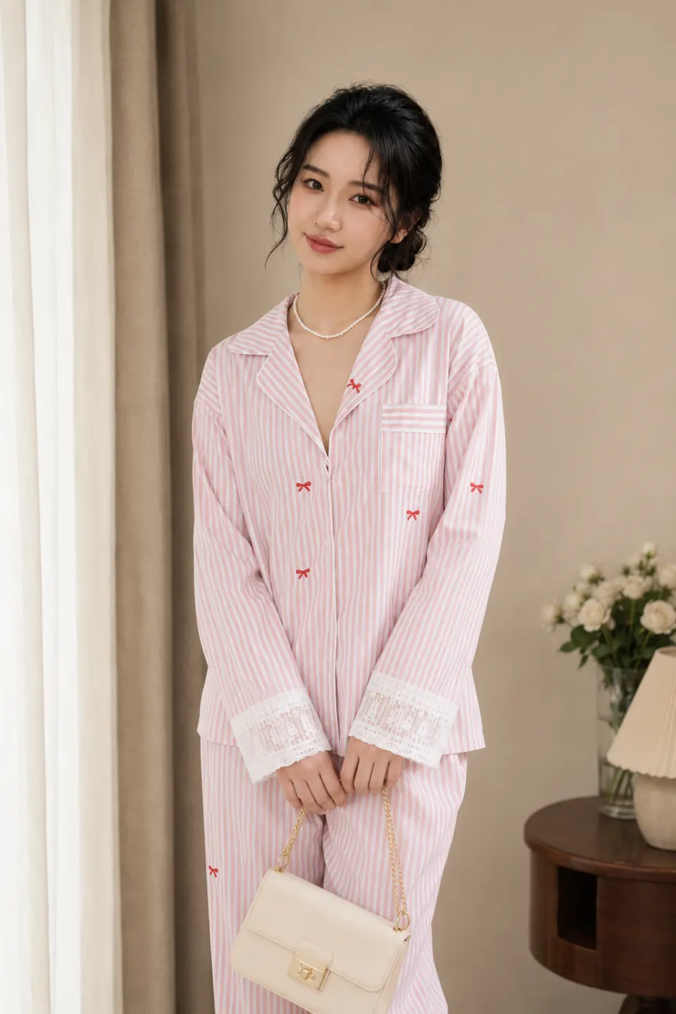 Pijama Bộ Ngủ Cao Cấp Sọc Hồng Mix Ren TN1706